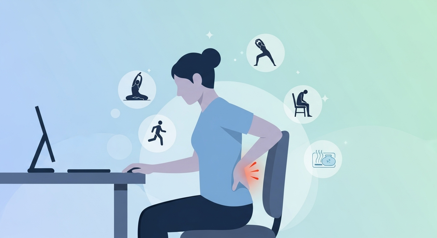 Illustration of a person with lower back pain surrounded by icons for stretching, posture, walking, and natural remedies