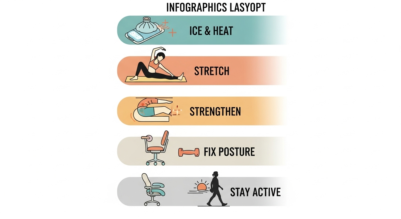 Infographic showing five lower back pain relief methods: ice and heat, stretching, strengthening, posture correction, and staying active