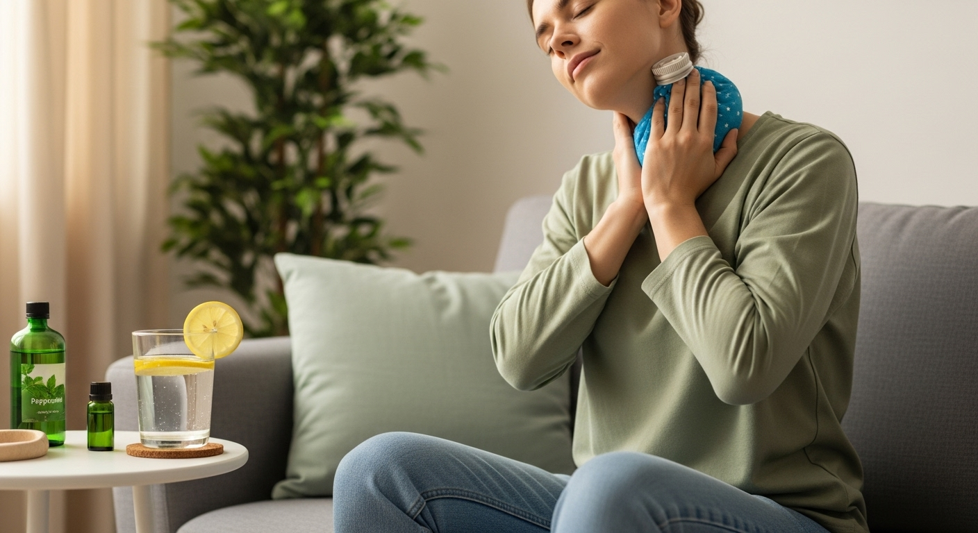 Person using warm compress and peppermint oil at home as natural headache cure with hydration for relief