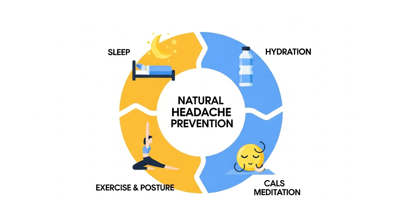 Infographic showing natural headache prevention tips including sleep, hydration, exercise, and stress relief