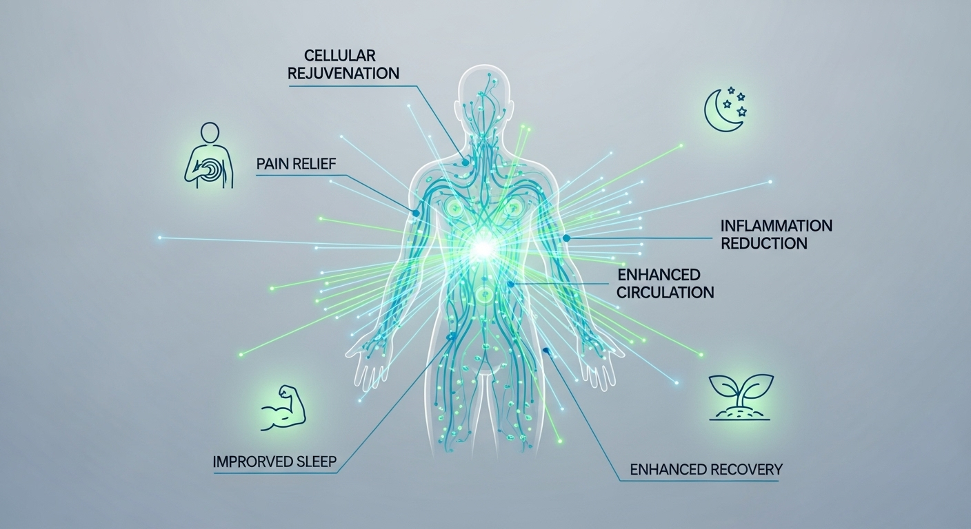Illustration explaining how PEMF devices work to improve cell function, circulation, and inflammation.