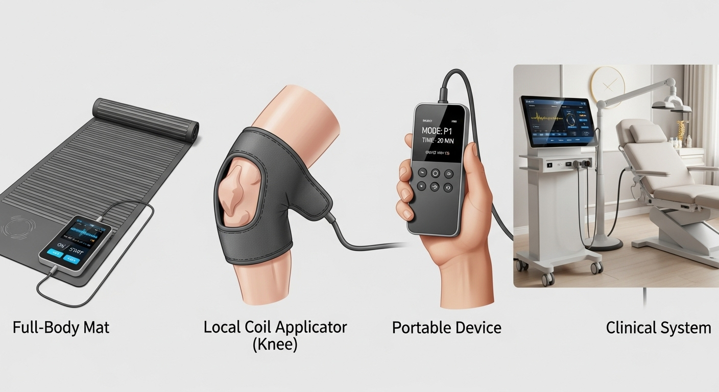Comparison of PEMF devices including full-body mats, local applicators, portable devices, and clinical systems.
