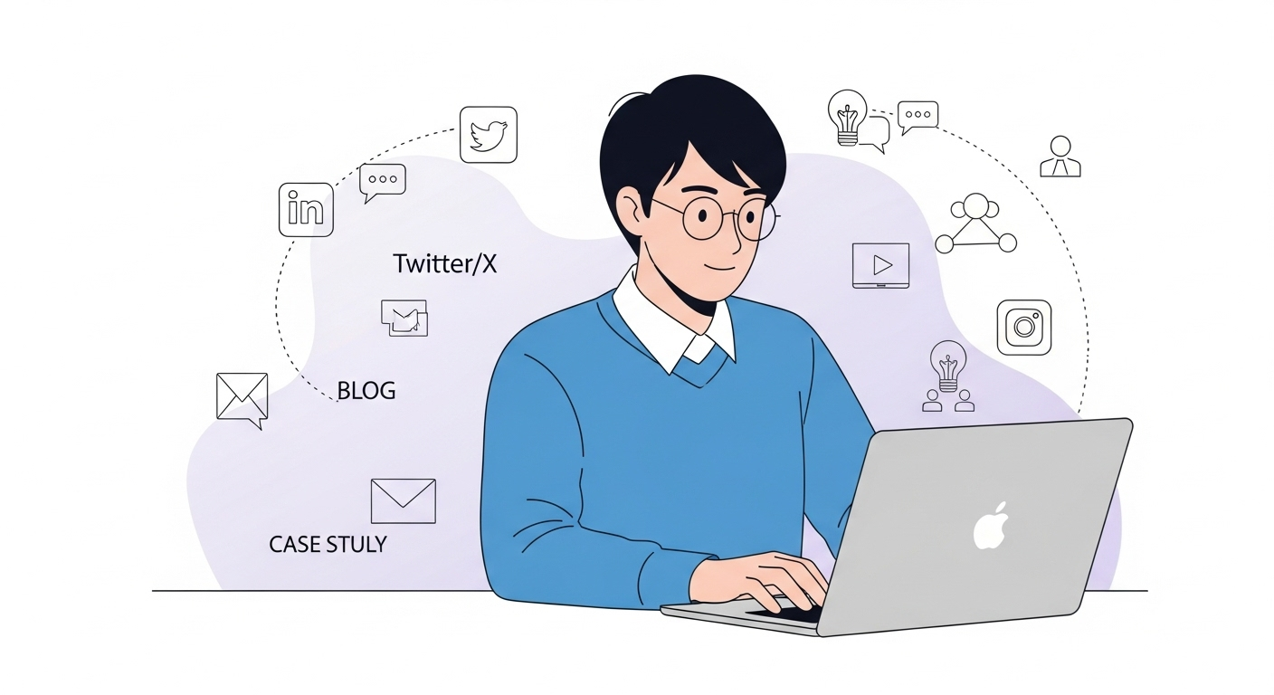 Authentic self-promotion online — professional sharing ideas calmly through social media, blogs, and networking icons.