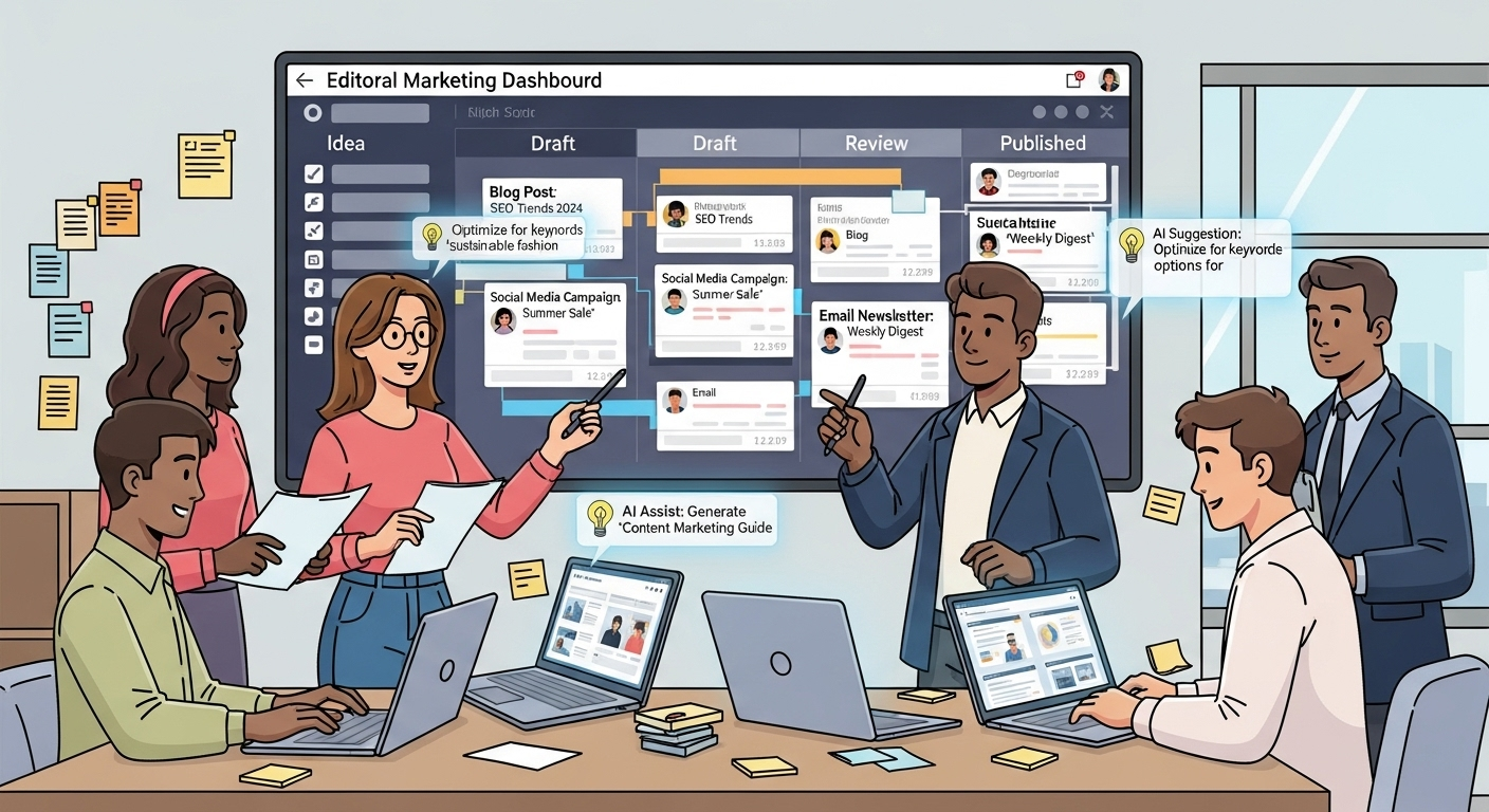 “Content marketing team using editorial calendar tools in 2025 to plan and publish content efficiently.”