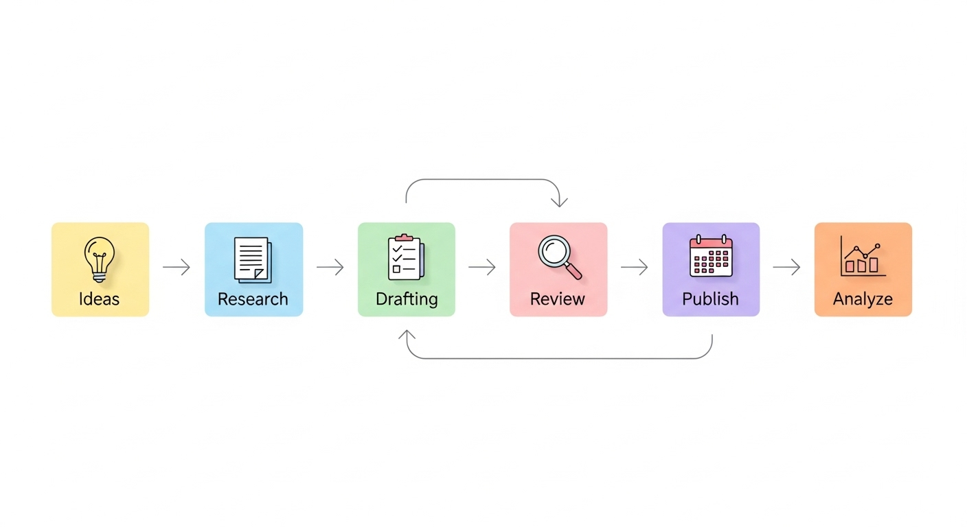 “Step-by-step content planning workflow in 2025, from brainstorming to publishing and analyzing performance.”