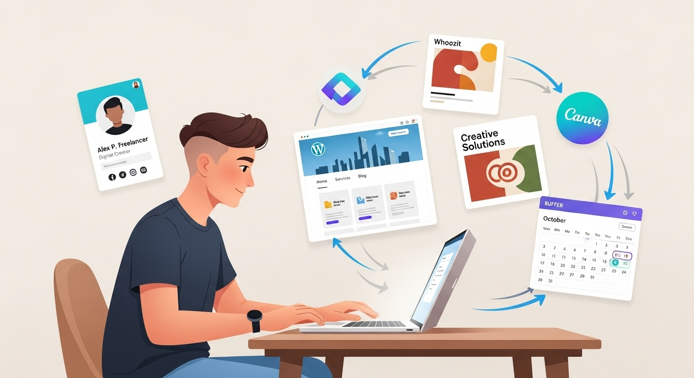 Professional promoting themselves online with multiple digital tools like Whoozit, WordPress, Canva, and LinkedIn.