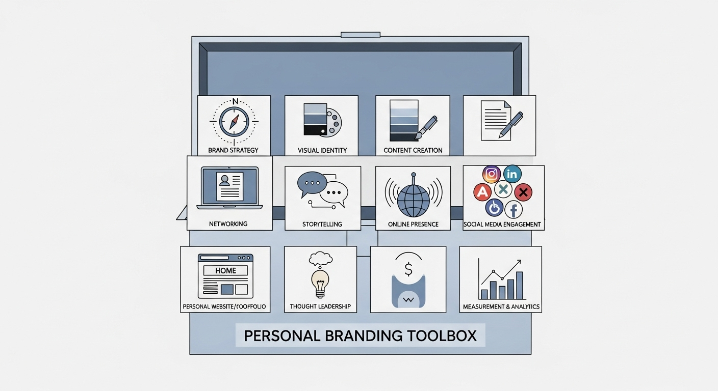 Infographic showing a personal branding toolbox with 10 digital tools for online promotion.