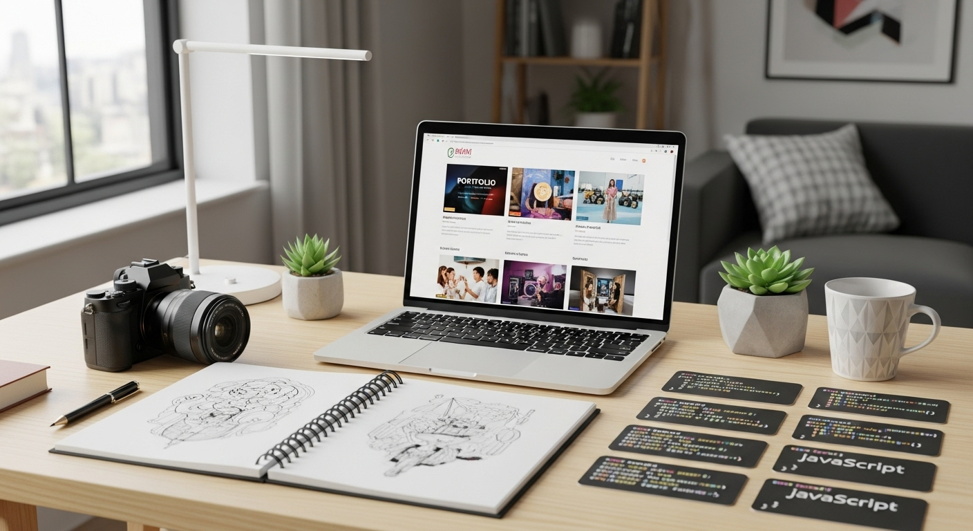 Best portfolio website 2025 for students, freelancers, and creators — modern workspace with digital portfolio on laptop