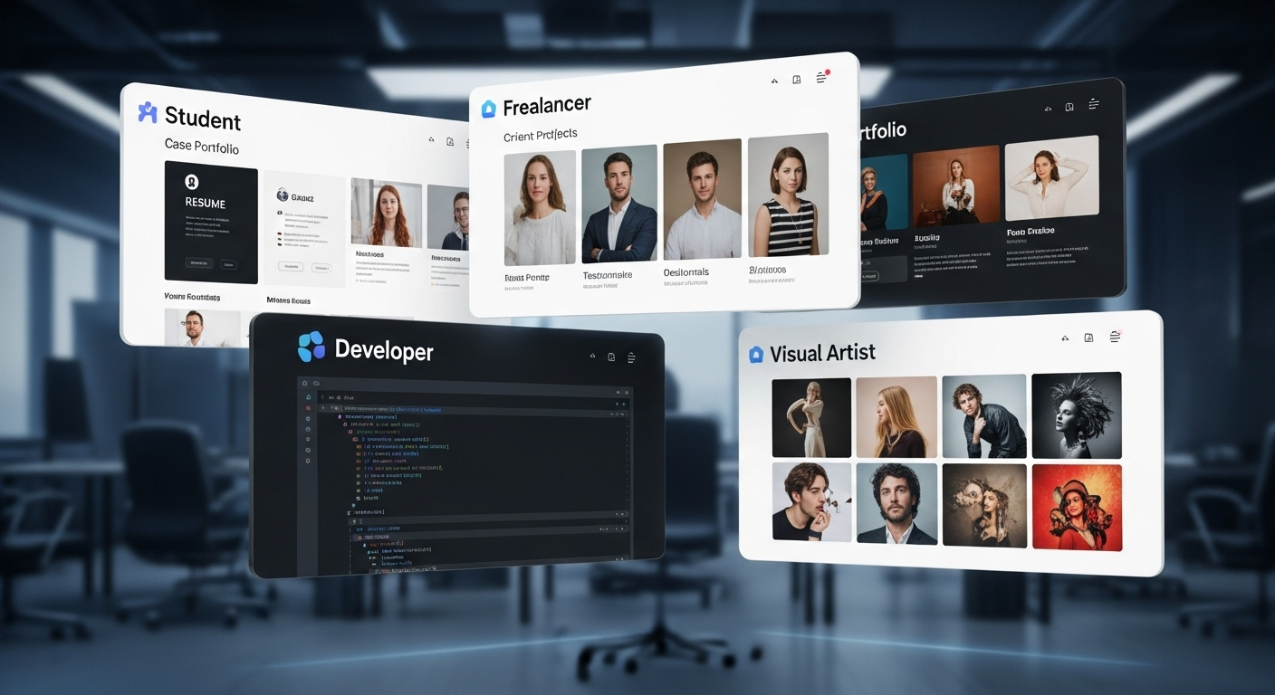 “Creative portfolio showcase wall 2025 — student, freelancer, developer, and visual artist portfolio examples
