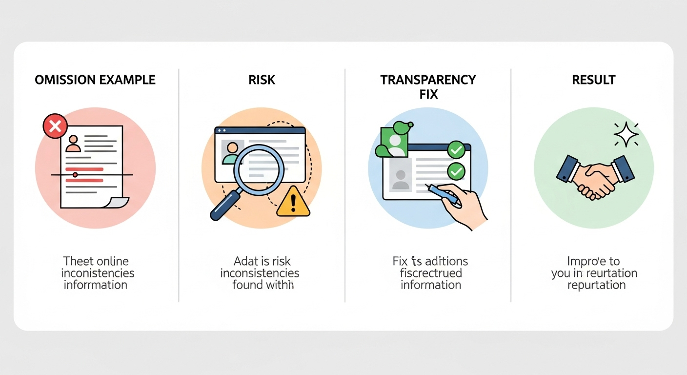 Infographic showing omission vs transparency: resume gaps, risks, corrections, and trust outcomes in digital identity