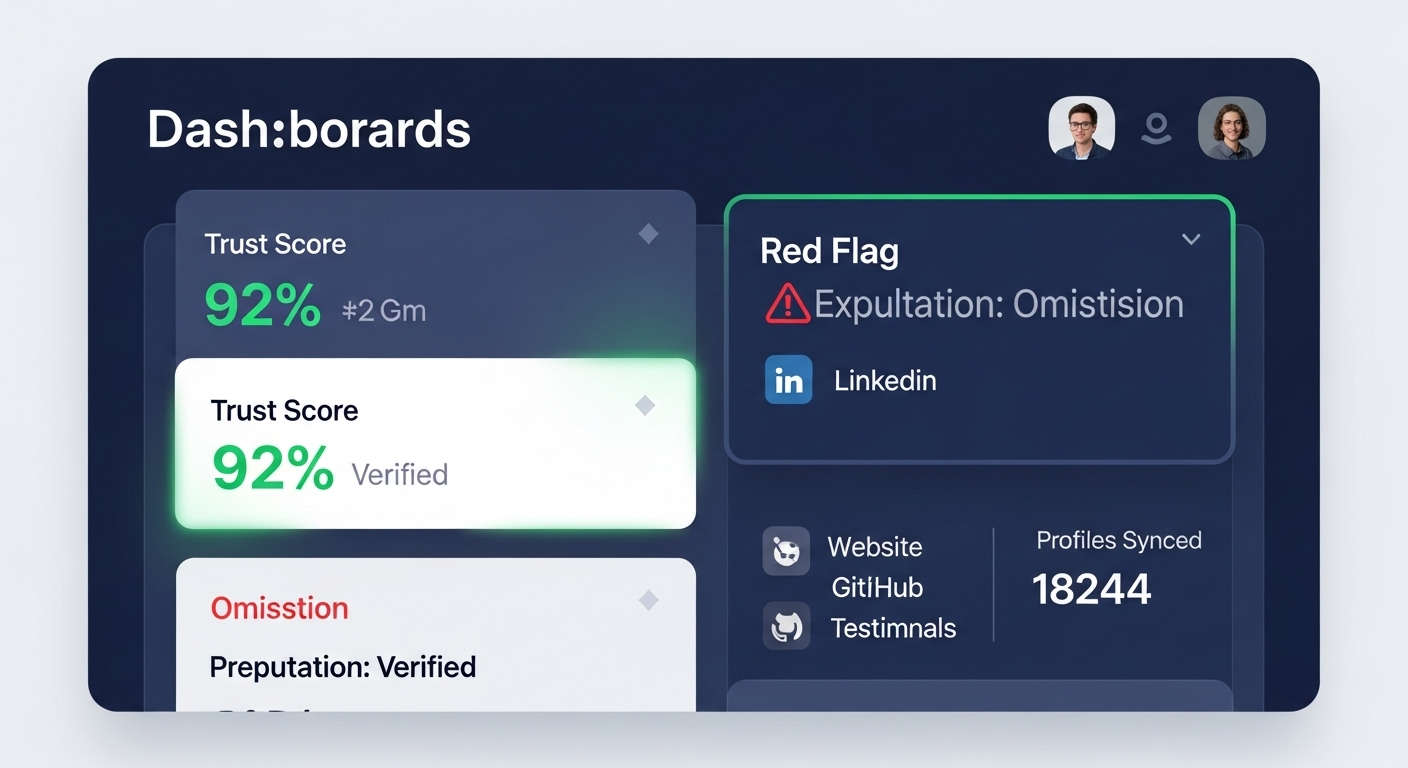 Creative dashboard-style UI showing trust score, verified credentials, and profile transparency metrics