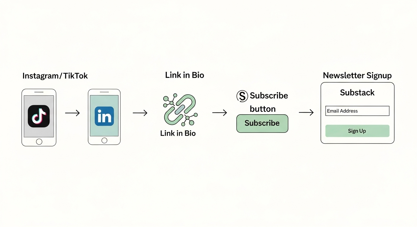 Infographic showing how Substack writers use Link in Bio tools to convert social traffic into newsletter subscribers