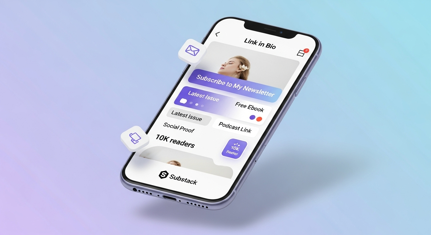 3D smartphone mockup showing a premium Link in Bio page layout for Substack with bold subscribe CTA, social proof, and clean design
