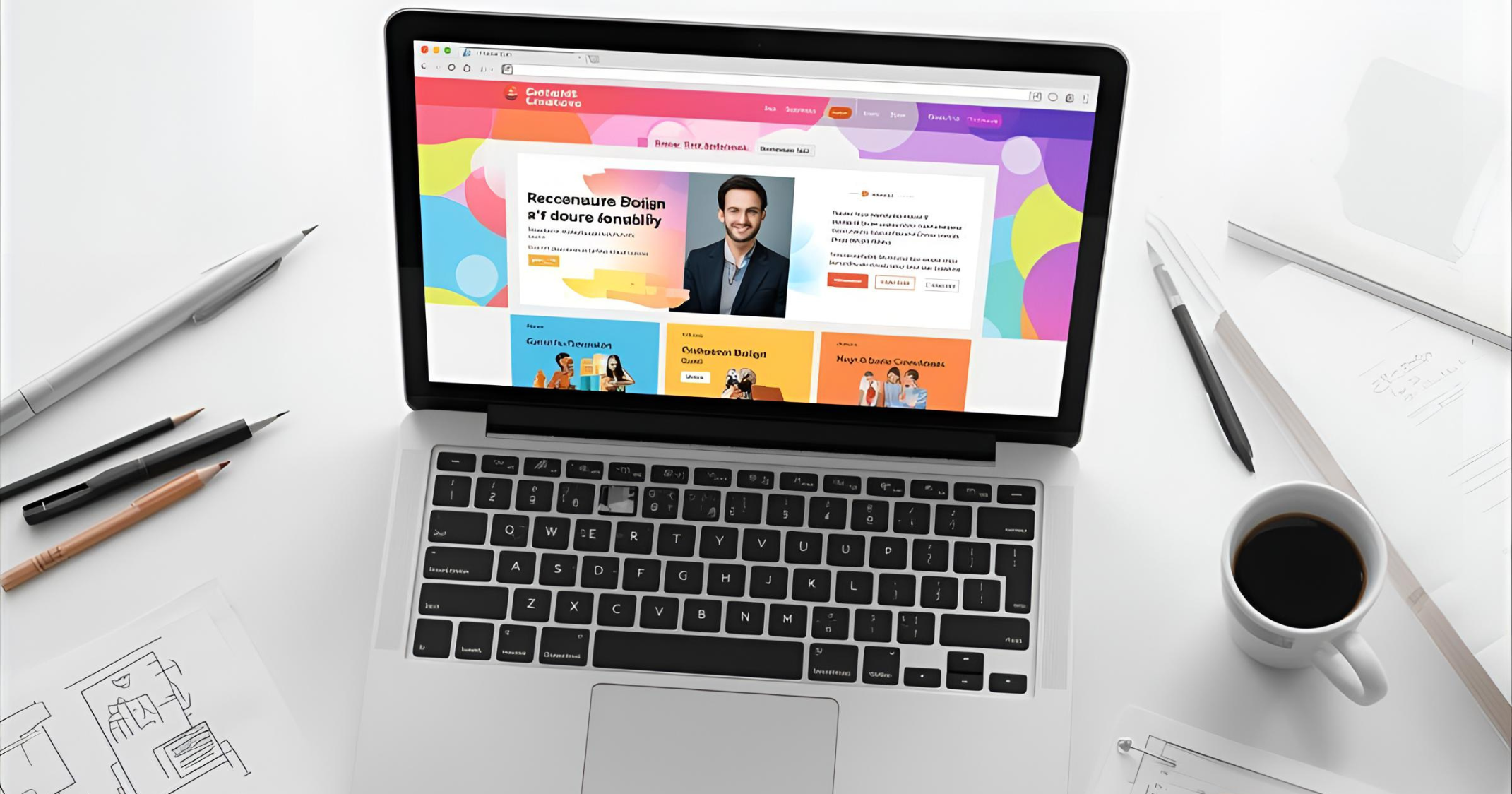 professional personal web page on a laptop with social links and portfolio elements around a modern workspace