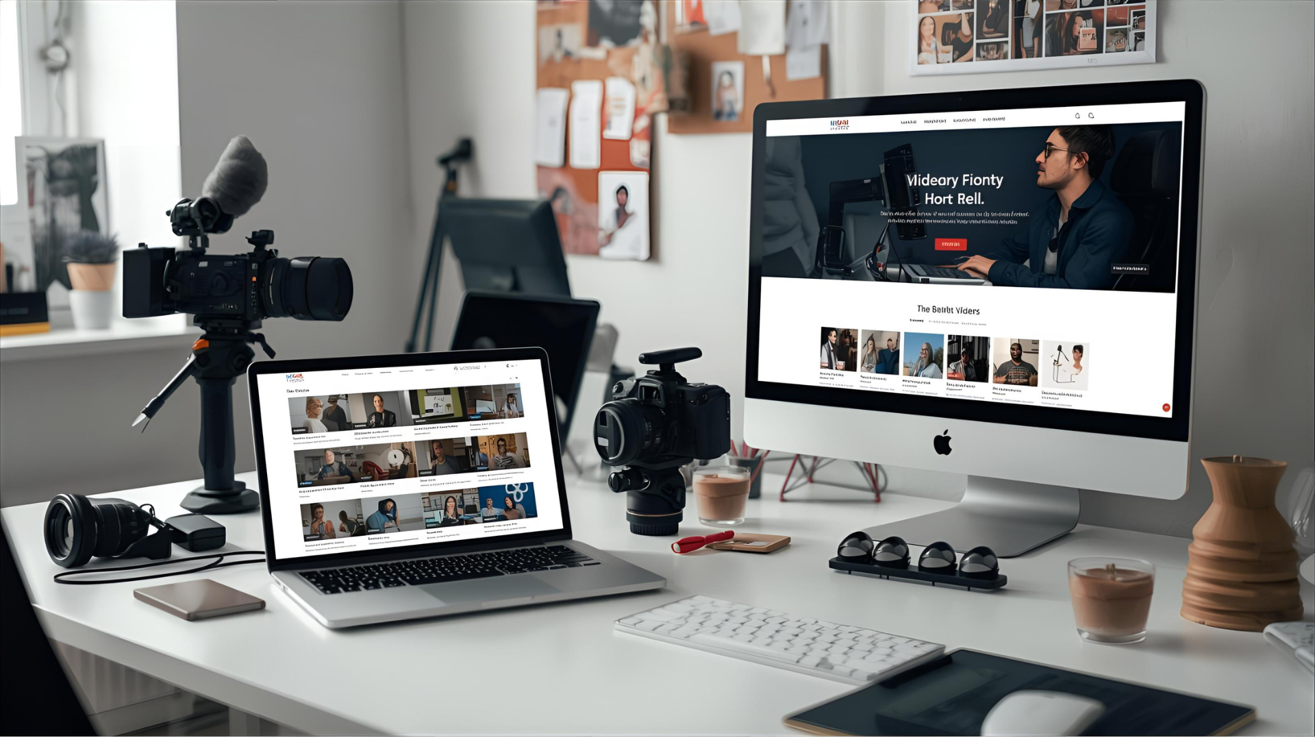 Videographer’s online portfolio on a laptop showing hero reel and video thumbnails with clean modern layout