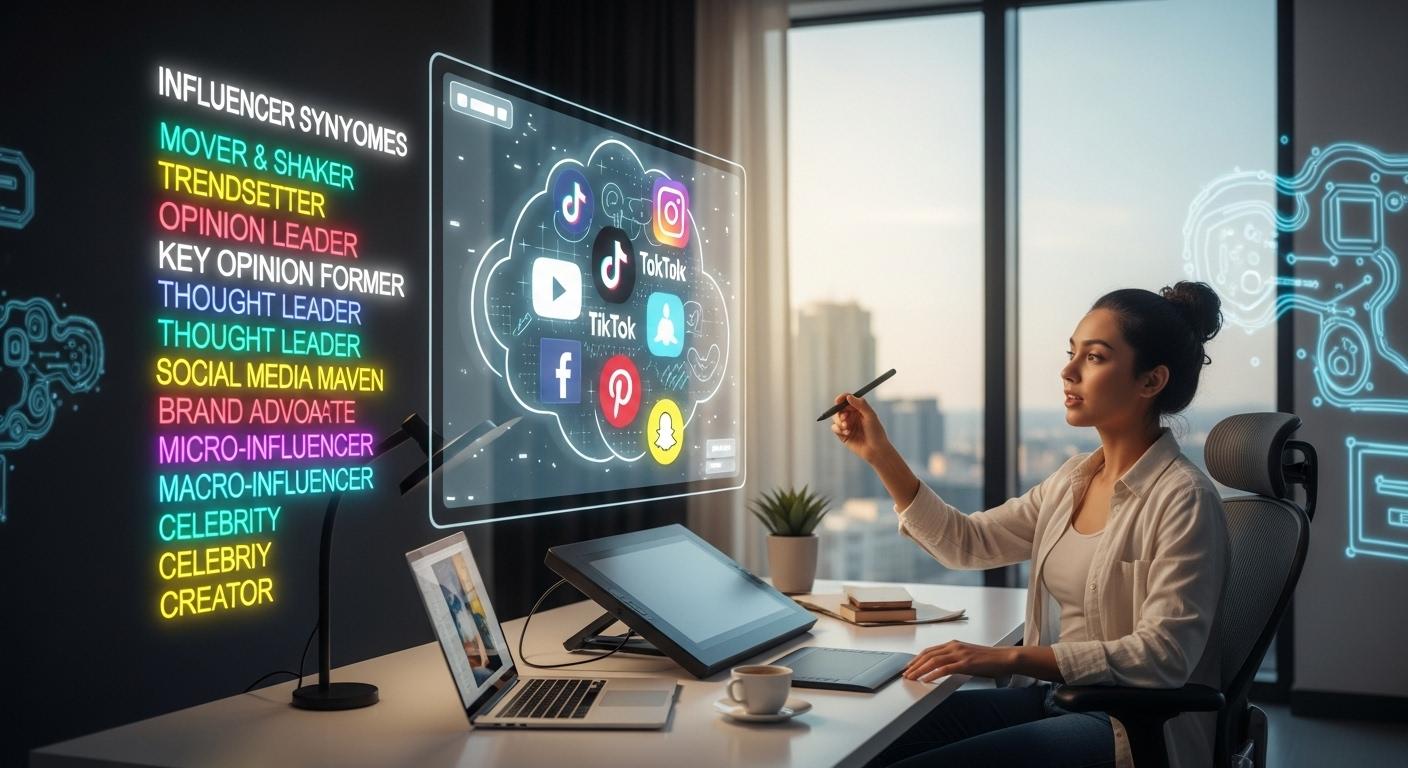 Content creator exploring influencer synonyms on a digital workspace.