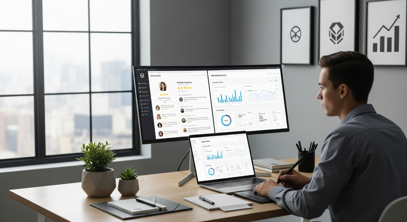Designer reviewing portfolio consumer insights for brand growth
