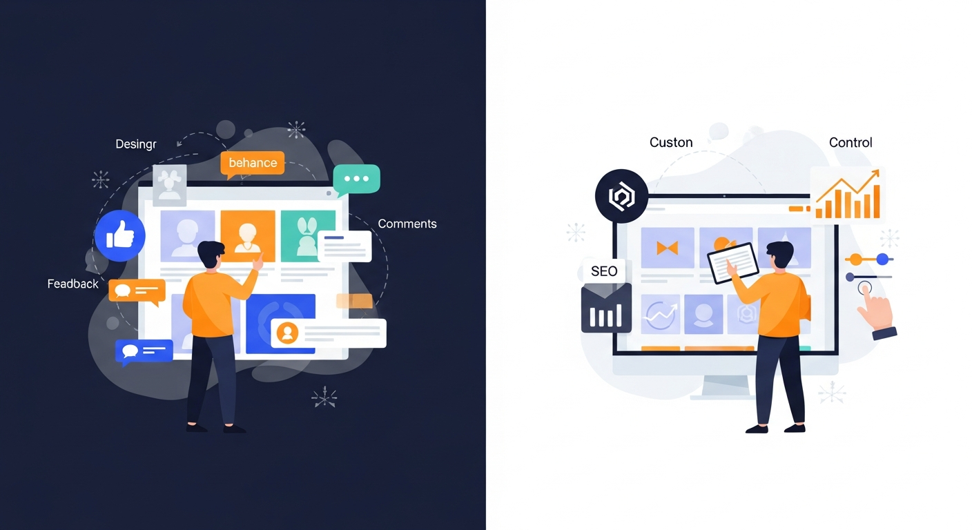 Comparison of Behance community exposure vs personal portfolio website control