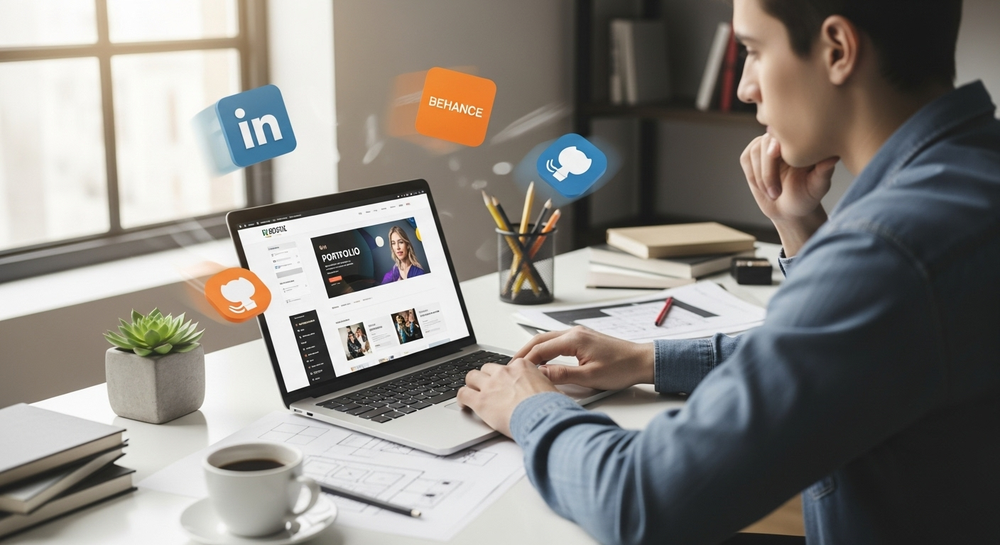 Student earning through freelance writing with online portfolio and blog icons