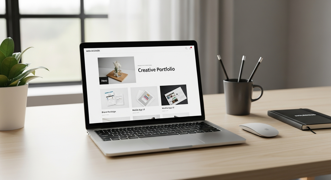 Clean web designer portfolio layout shown on a laptop highlighting clarity and usability