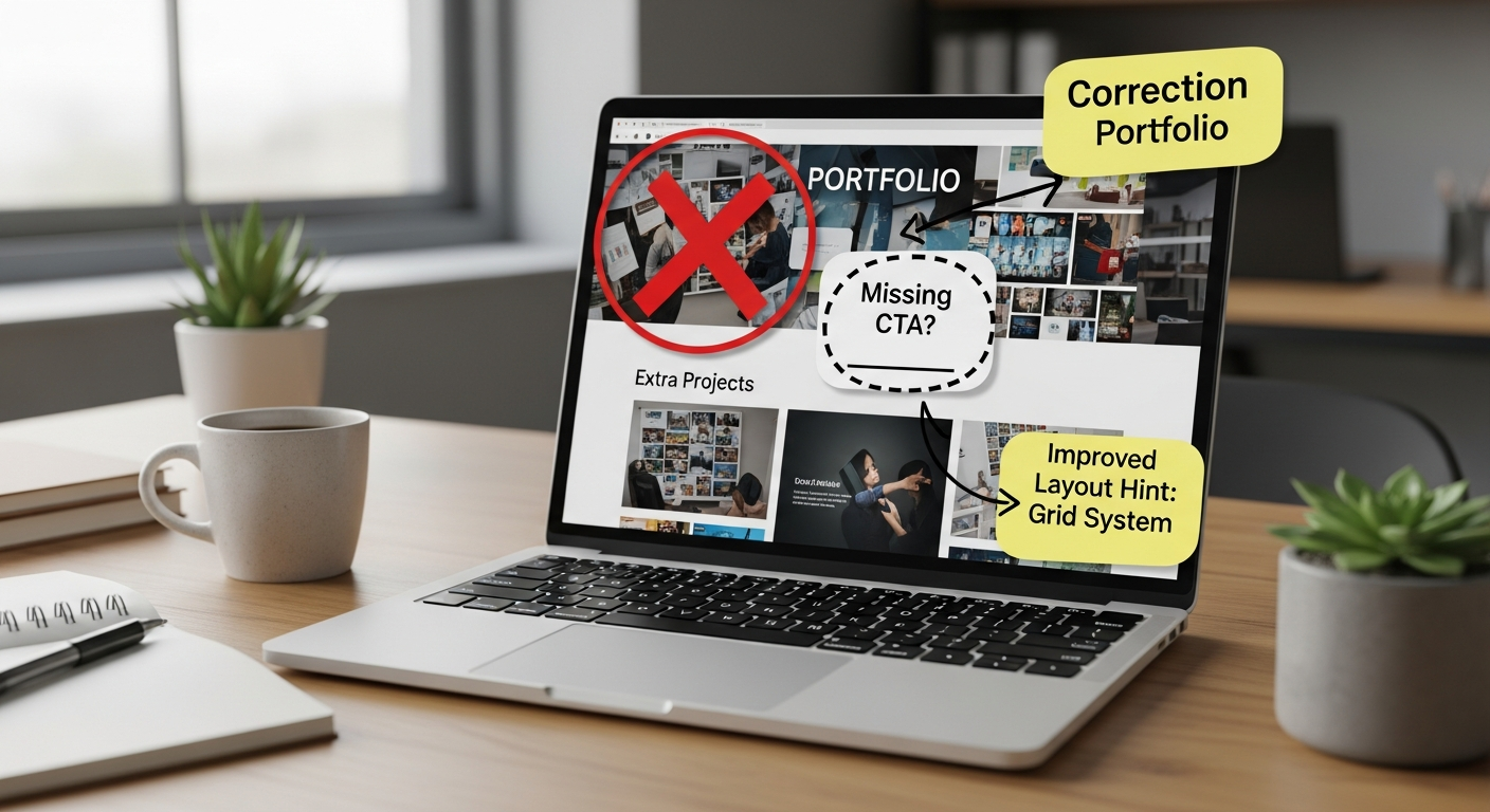 Laptop showing a portfolio layout with marked corrections for common design mistakes