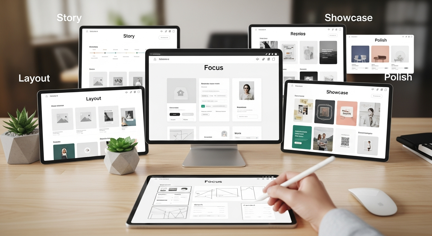 Workspace showing screens with five key portfolio elements: focus, layout, showcase, story, and polish