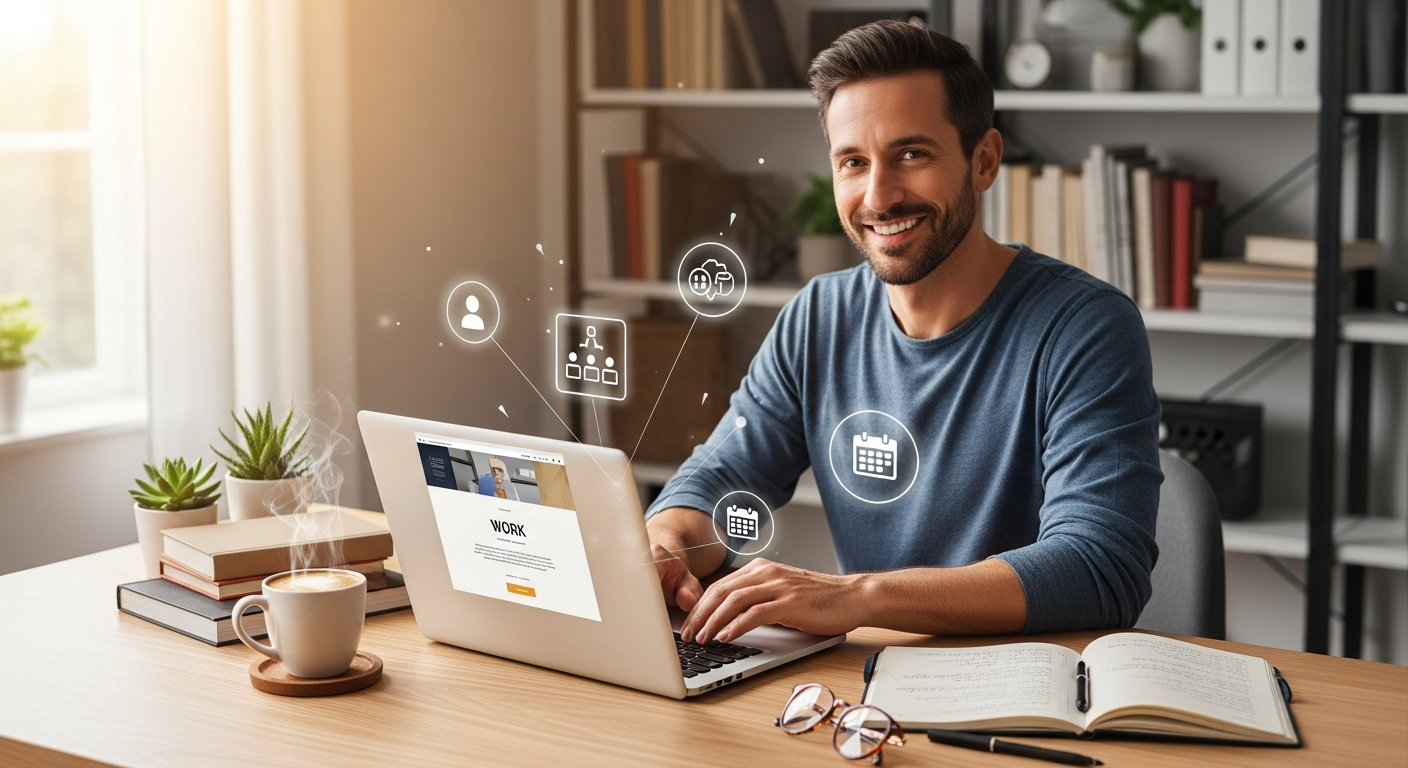 Freelancer working from home with a laptop showing a clean portfolio page.