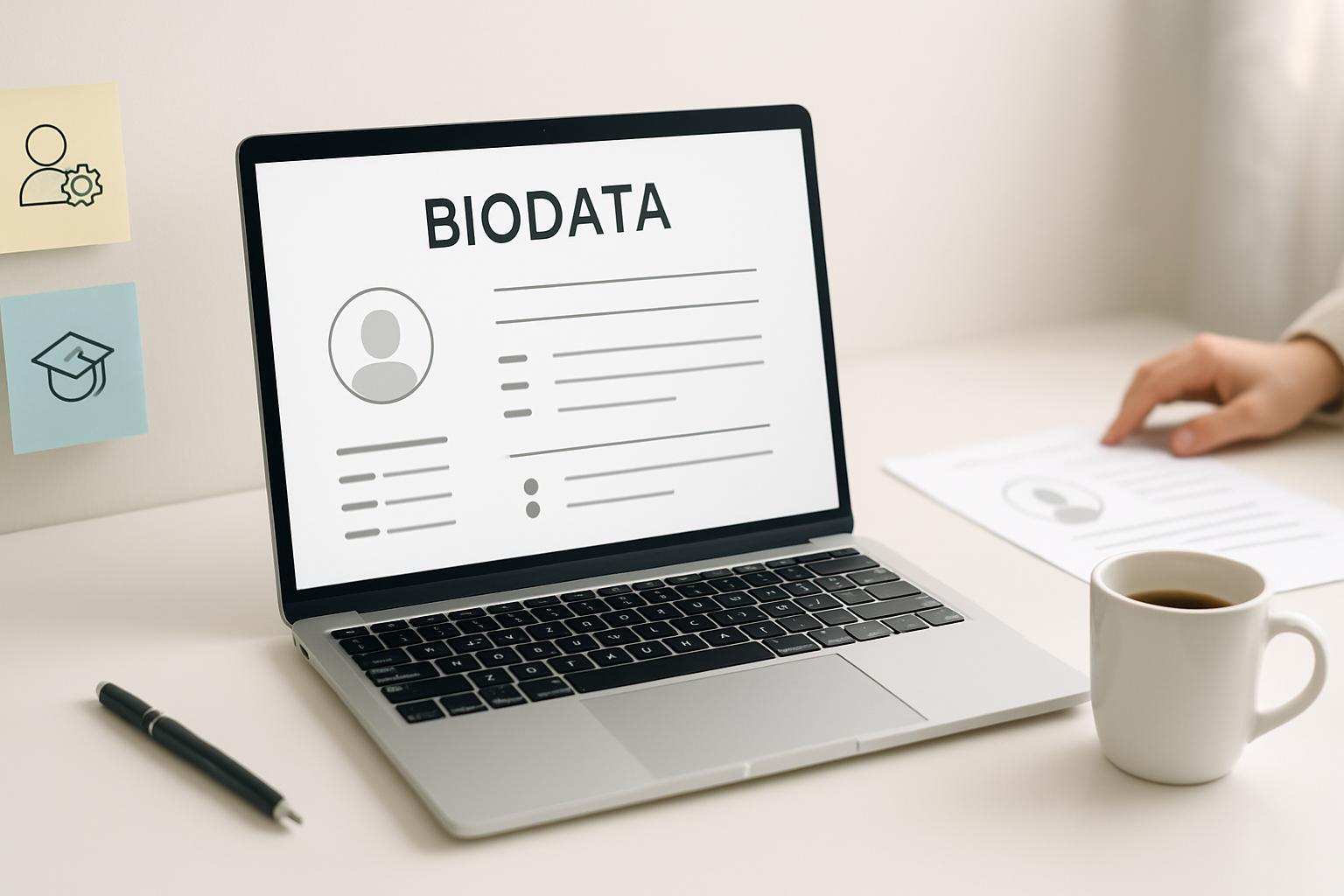 A clean, modern desk setup with a laptop showing a sleek biodata template on screen