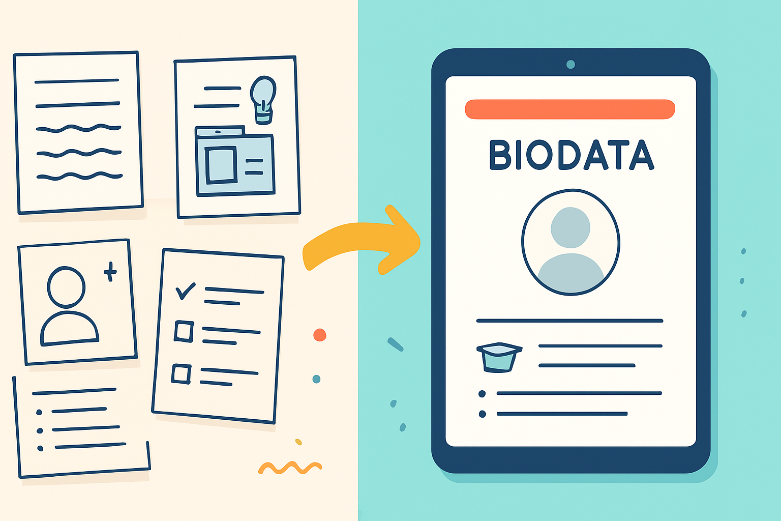 A creative flat-lay visual showing a transformation pathway: on the left, scattered handwritten notes, project sketches, and personal details; on the right, a polished biodata sheet emerging from an online builder interface on a tablet.