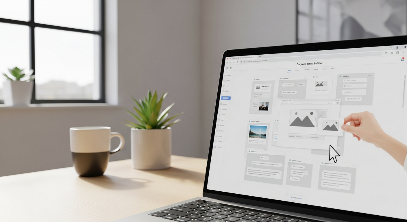 “Laptop showing drag-and-drop website builder interface, modern workspace, bright natural light, minimalistic style”