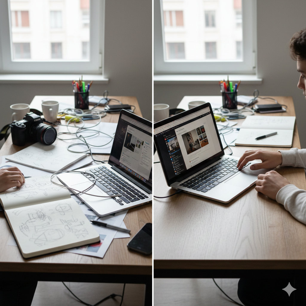 “Side-by-side comparison of a messy student workspace transforming into a clean professional portfolio setup, modern desk, laptop displaying portfolio, realistic lighting, no text”