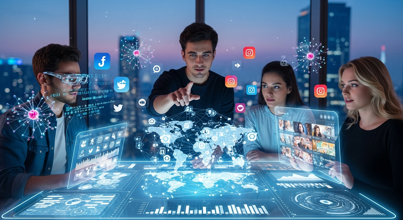 Influencer marketing trends 2026 concept with AI tools, social media apps, and data insights