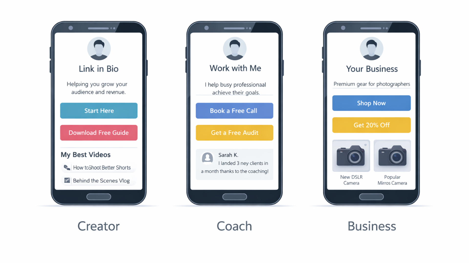 Examples of effective link in bio page layouts for creators, coaches, and small businesses