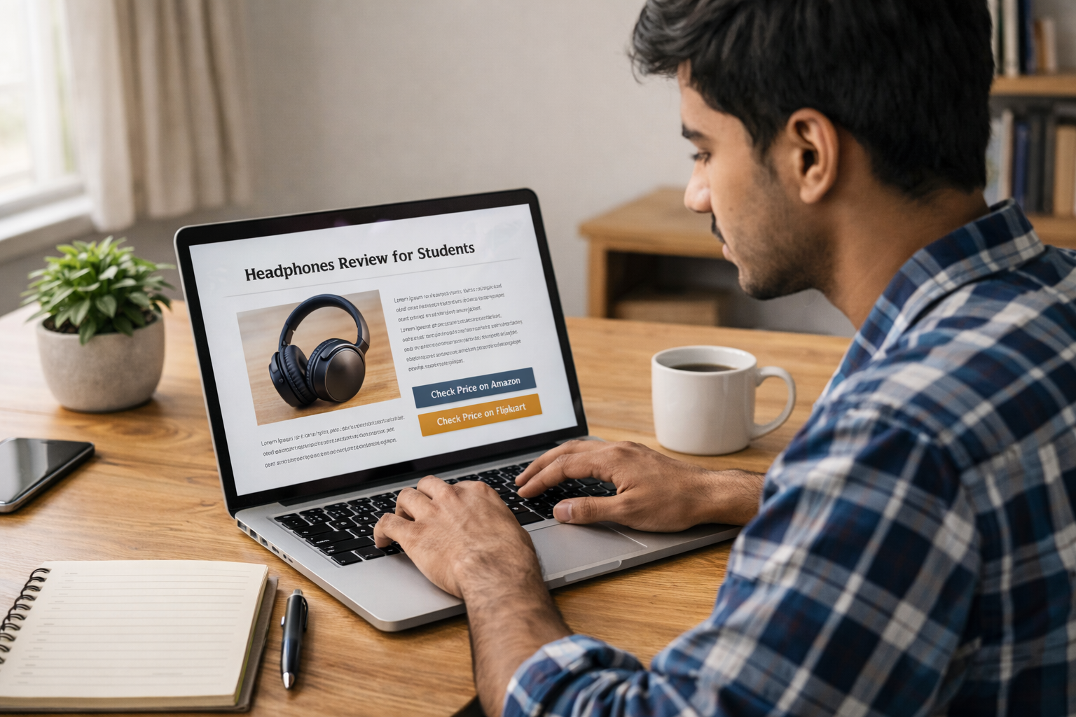 Student writing a product review blog post with affiliate links on laptop at home desk