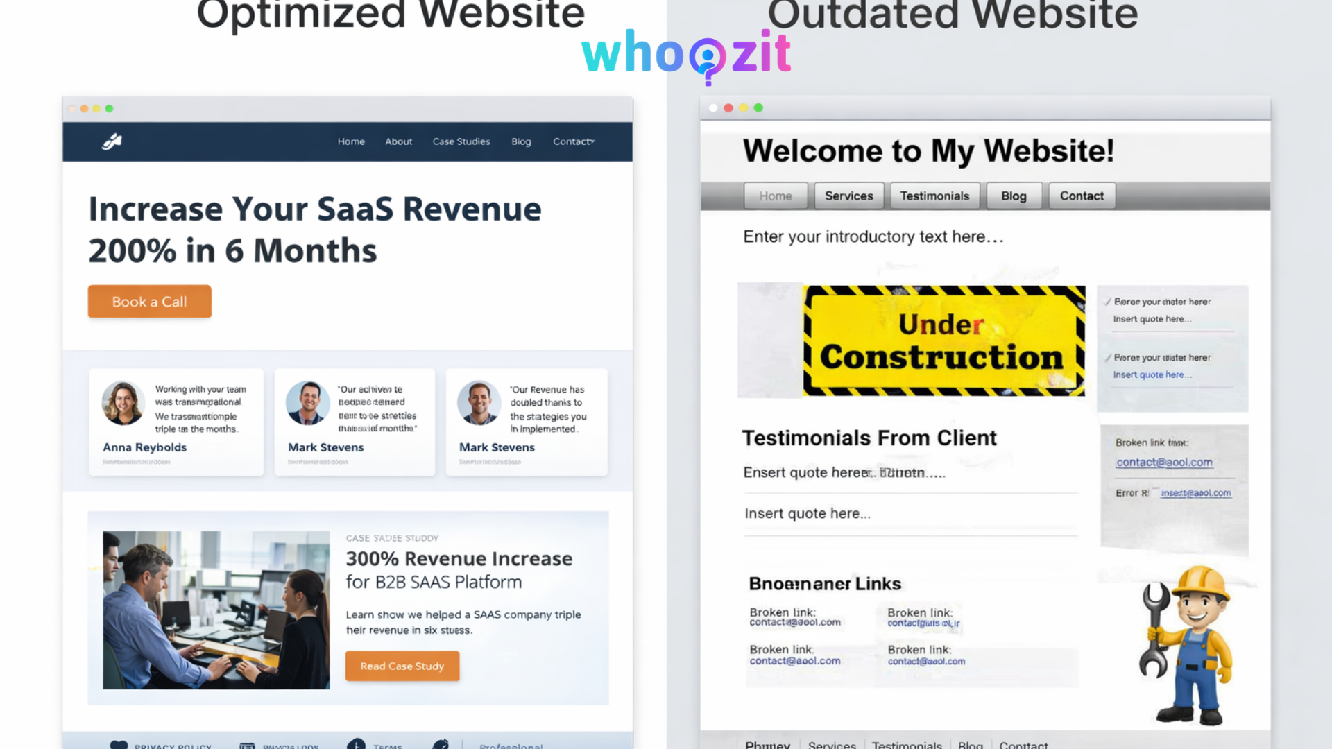 Comparison between optimized website with trust signals and outdated website without credibility elements