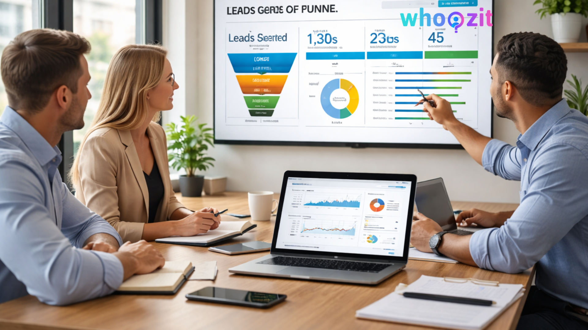 Marketing funnel stages from awareness to conversion displayed on laptop with performance metrics.