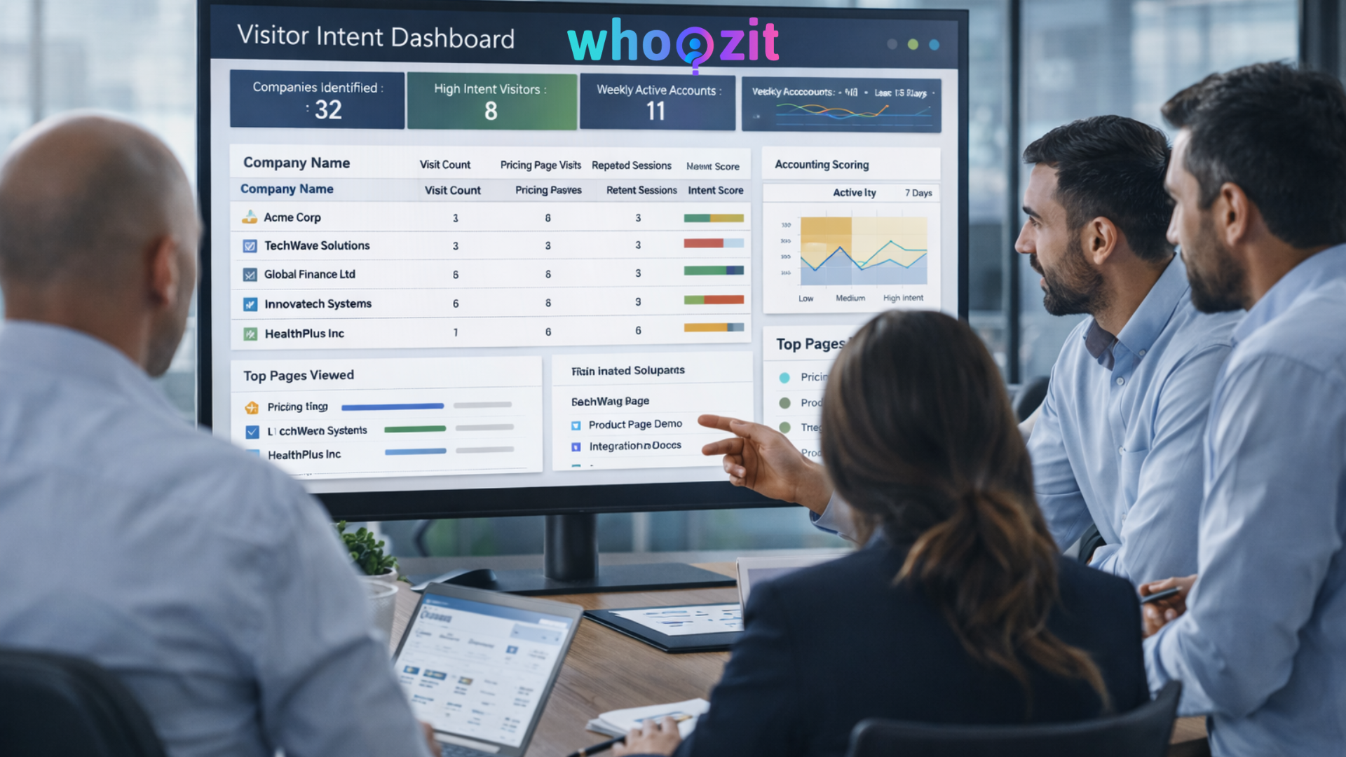 Sales team reviewing website visitor intent signals and prioritizing high intent accounts