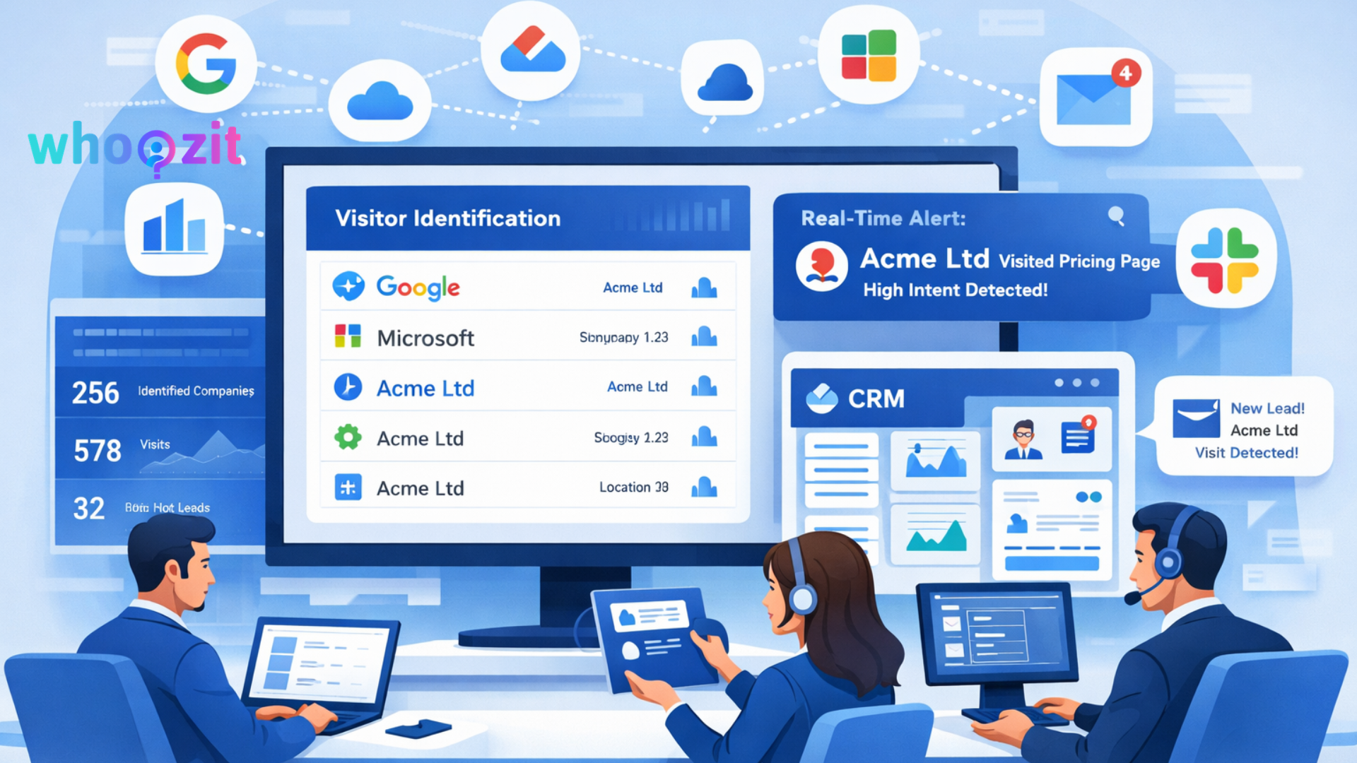 B2B lead generation tool identifying anonymous website visitors and showing company data in a marketing analytics dashboard
