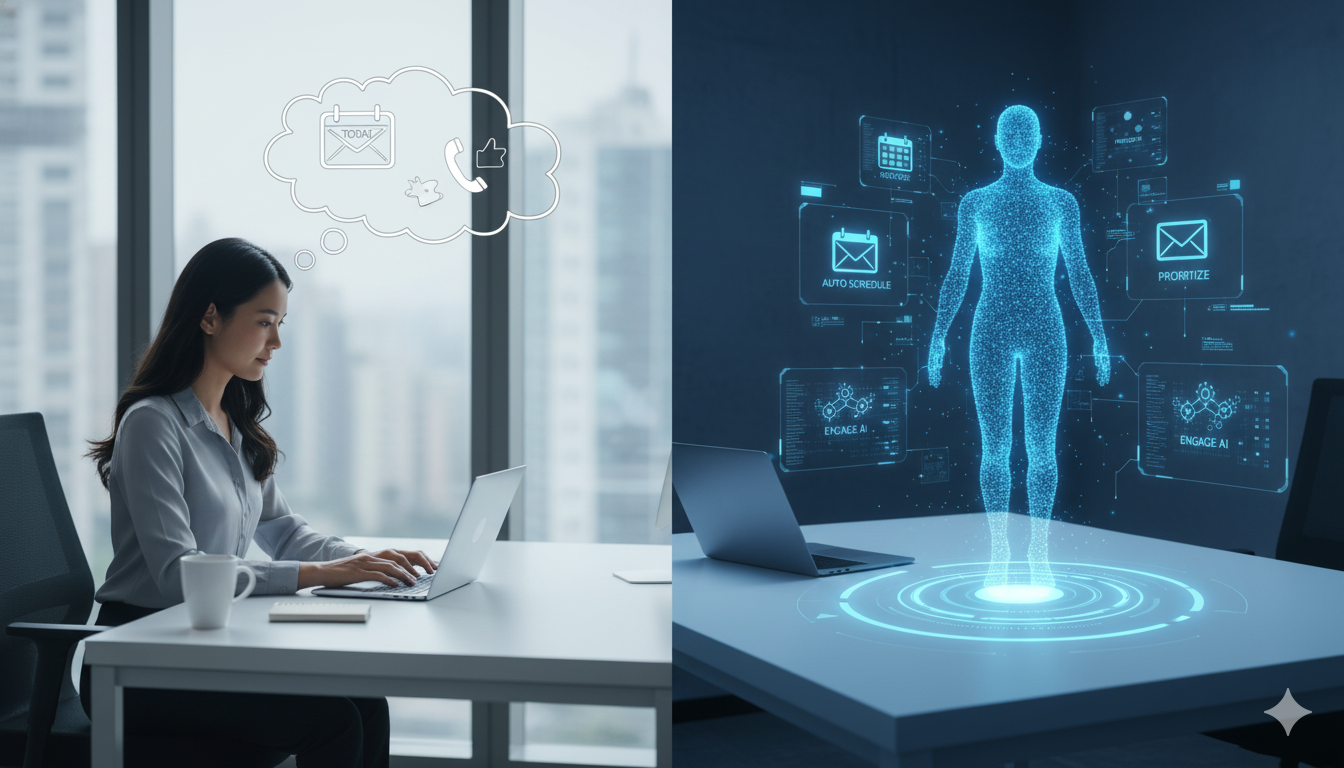 Human assistant and AI hologram automating tasks, showing the evolution to virtual assistant