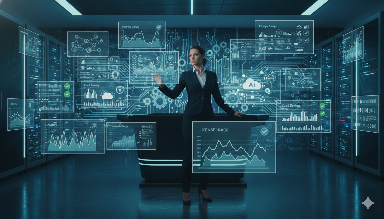 A futuristic digital control room glowing in shades of blue and teal, filled with transparent holographic dashboards displaying license usage graphs