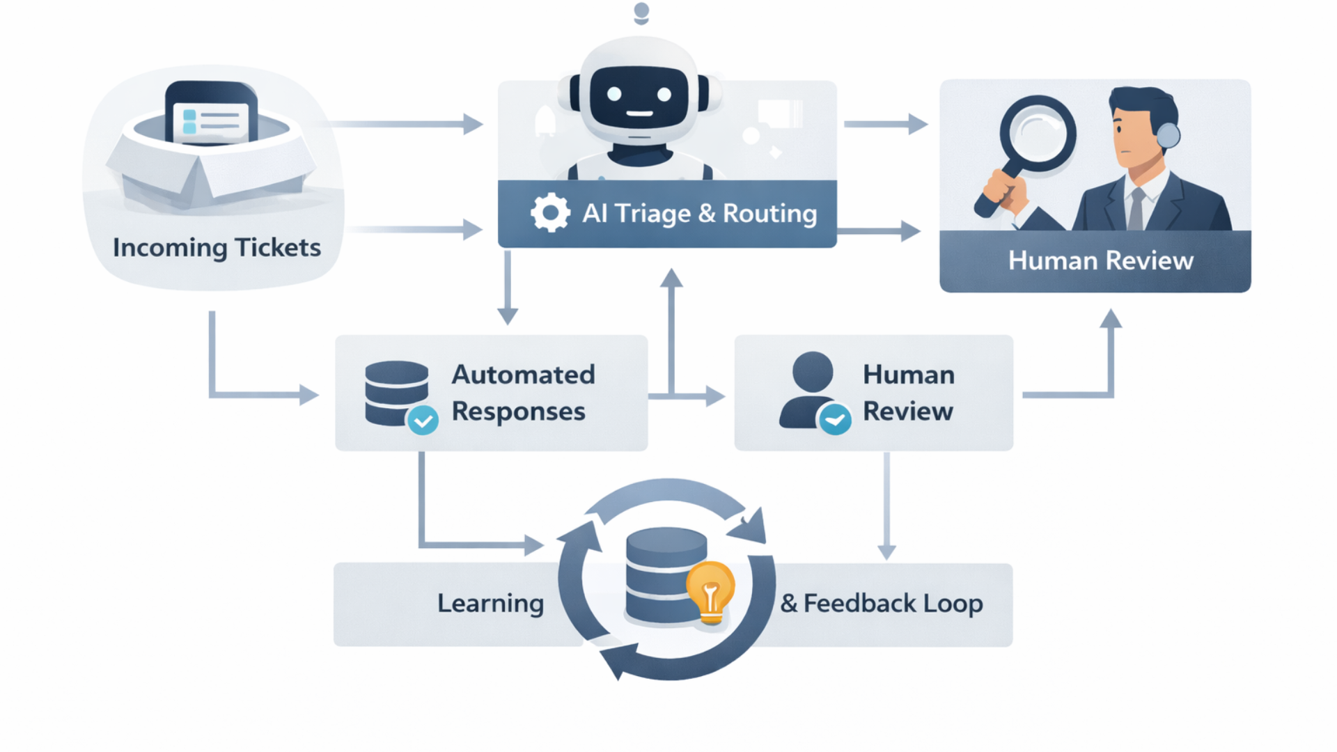 AI customer service workflow with ticket routing, automation, and human escalation