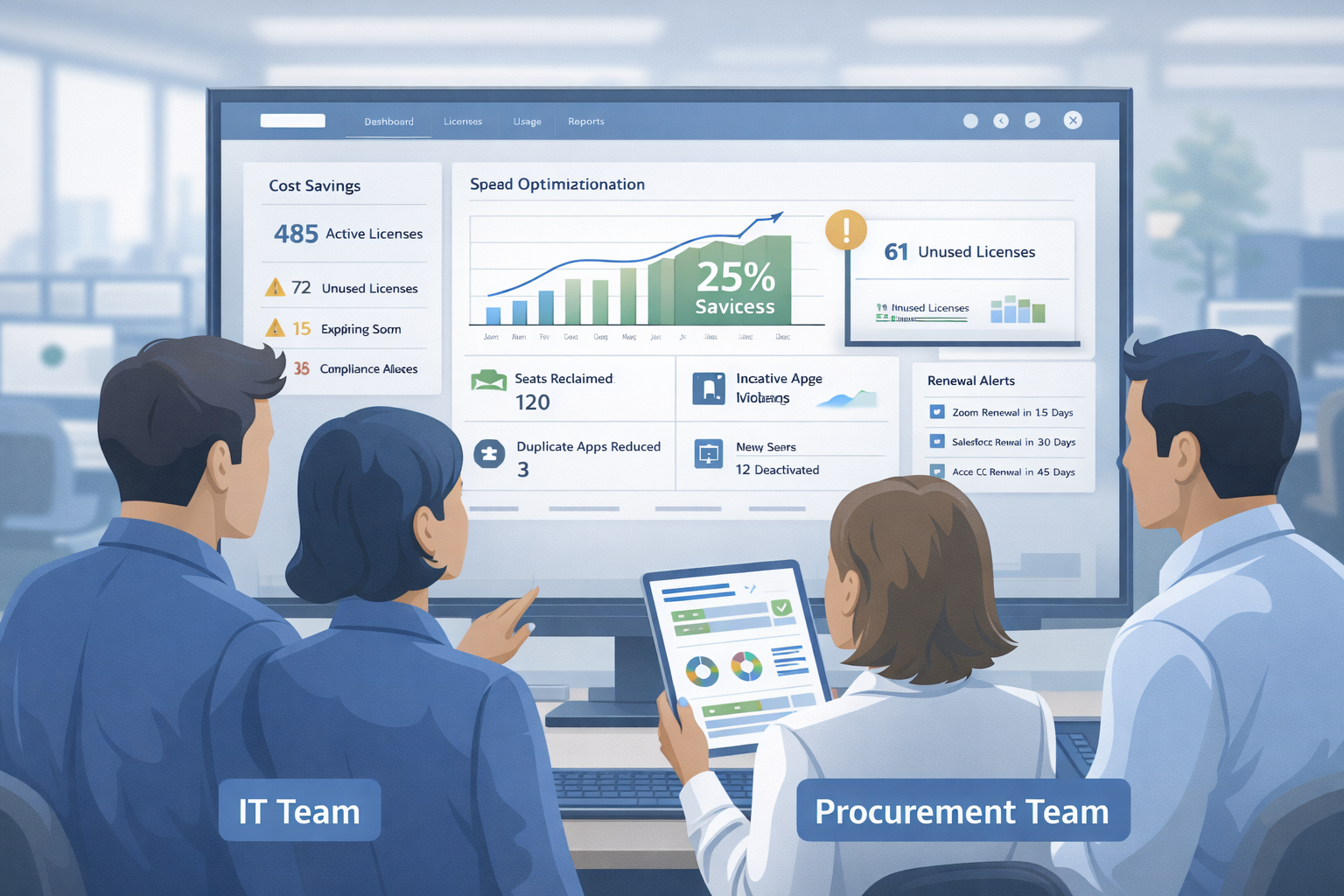 IT and procurement teams analyzing SaaS spend and inactive licenses using automation tools