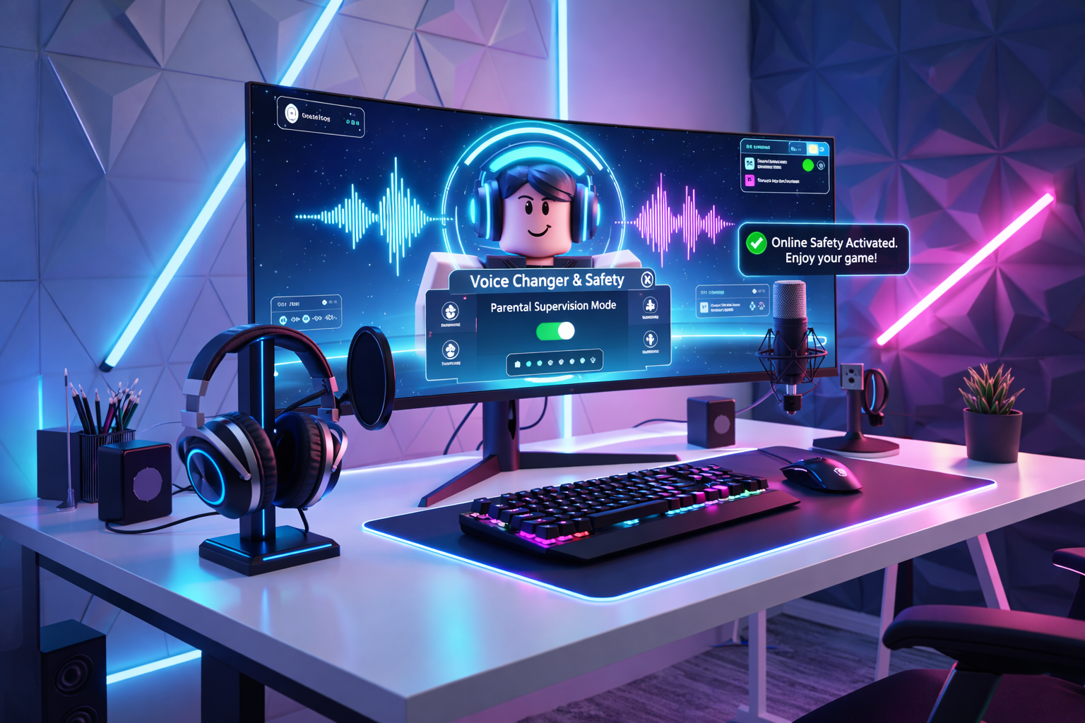 A wide 16:9 digital illustration of a modern gaming and streaming setup with neon blue and pink lighting. A curved monitor displays a game character wearing headphones along with a “Voice Changer & Safety” interface showing parental supervision mode turned on. The desk features an RGB-backlit keyboard, gaming mouse, studio microphone, and headset on a stand, set against geometric wall panels illuminated with LED light strips.