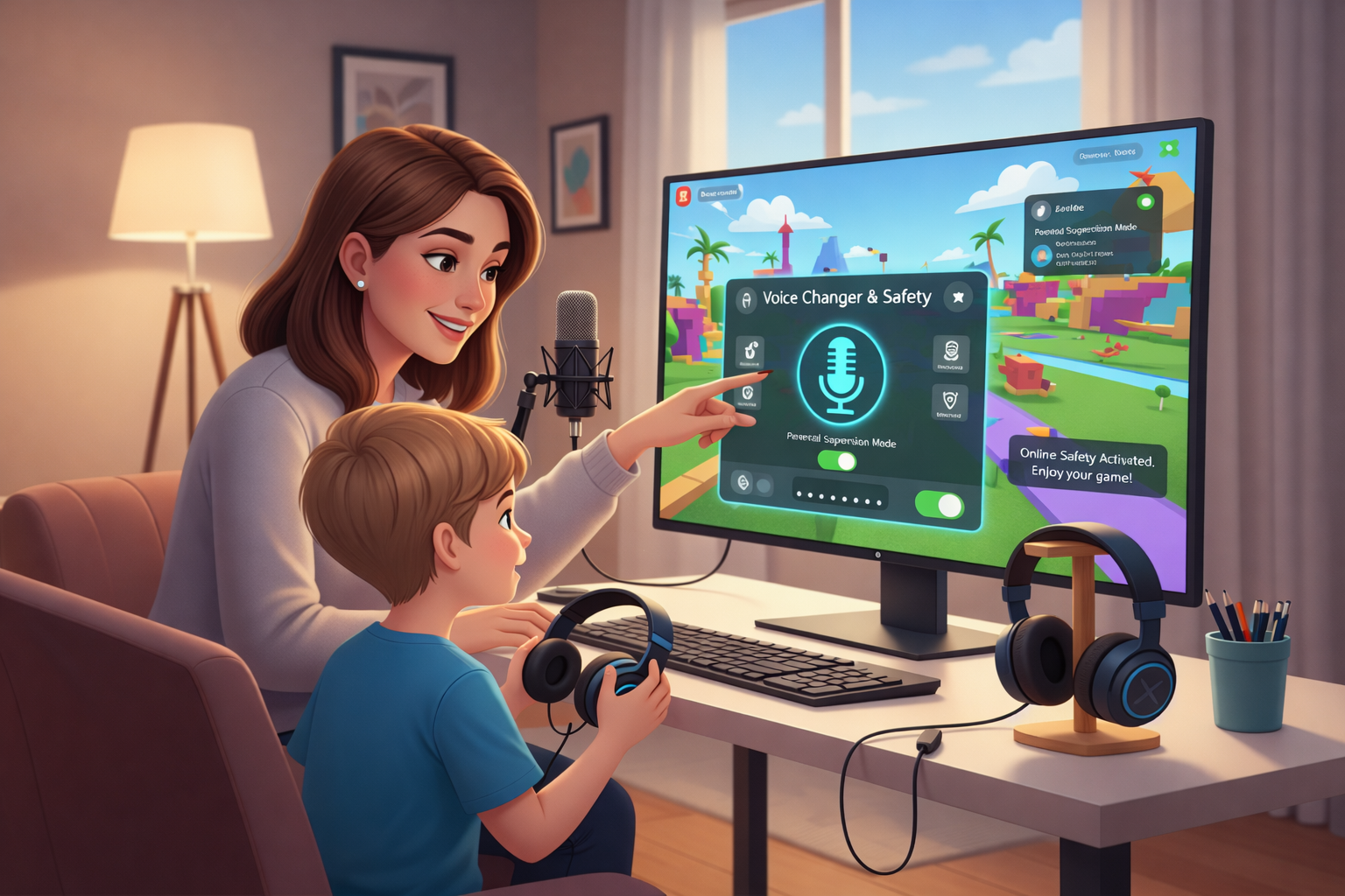 A digital illustration of a mother and young boy sitting at a desk in a softly lit living room. The mother points to a computer monitor displaying a “Voice Changer & Safety” settings panel with parental supervision enabled, while the child holds headphones and looks at a colorful game scene on the screen. A microphone, keyboard, and headset are placed on the desk, suggesting a safe, supervised gaming environment