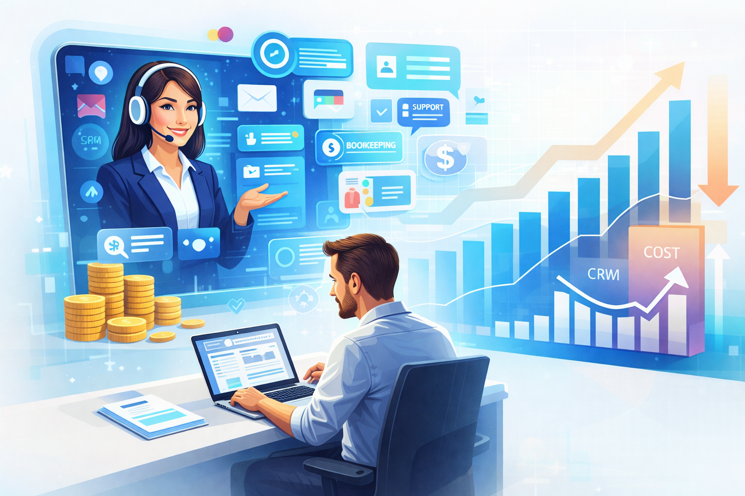 Startup founder working on a laptop with a holographic virtual assistant interface managing CRM, emails, and automation, alongside rising growth charts and decreasing cost graph representing scalable operations.