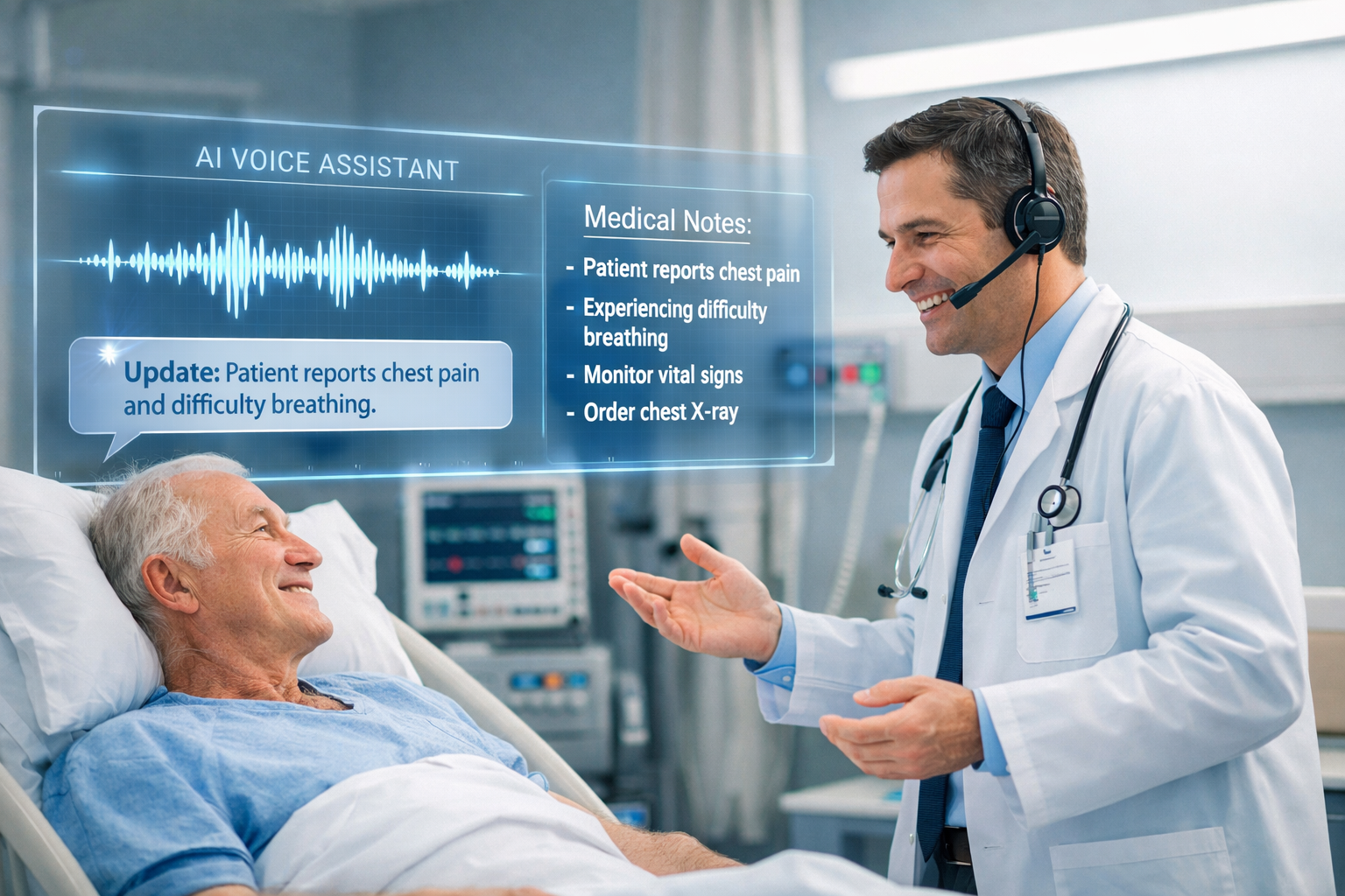 Doctor using an AI voice assistant to capture patient notes and automate medical documentation in a hospital.