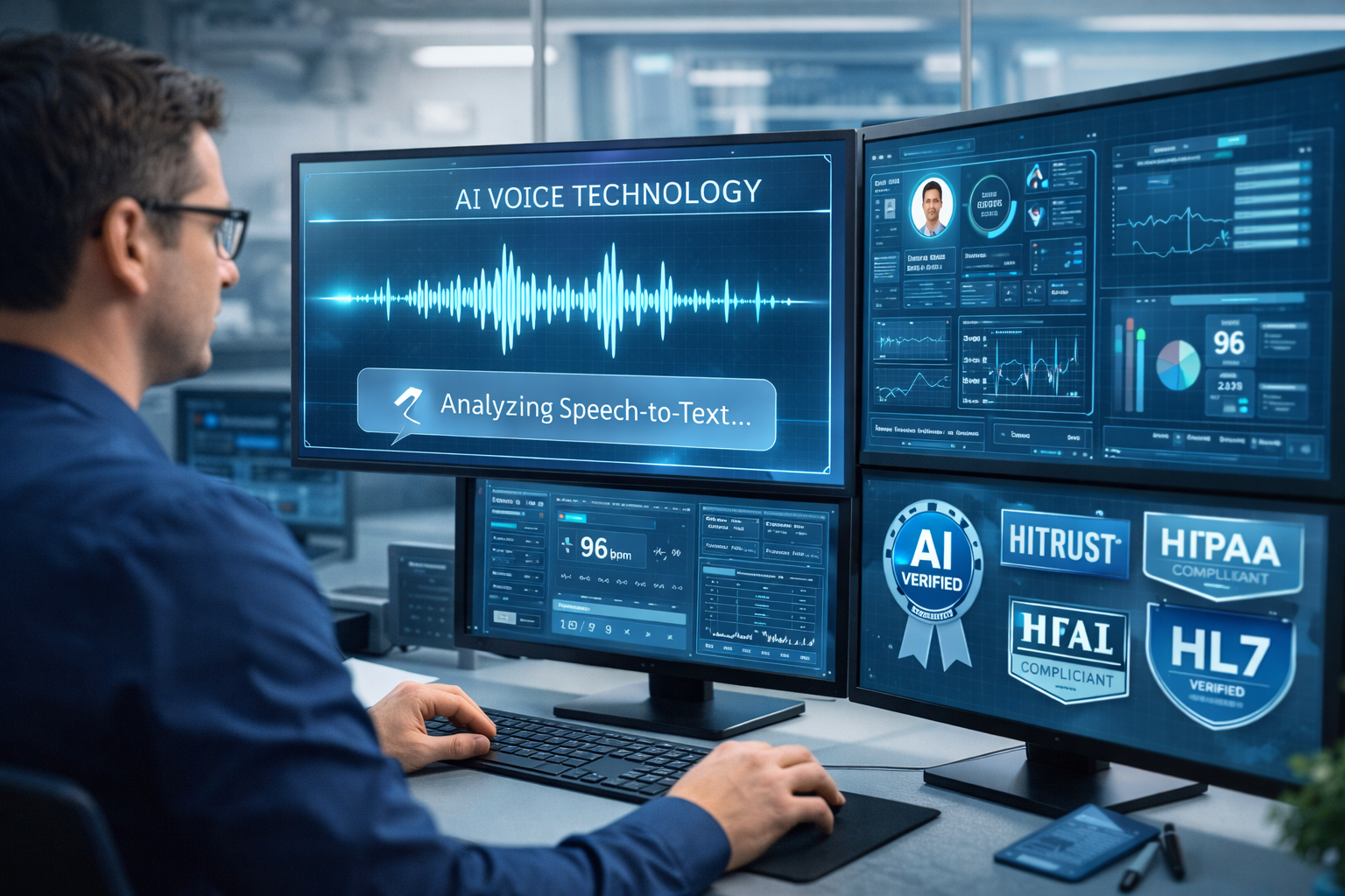 Healthcare IT professional reviewing AI voice technology dashboards and certification systems for healthcare automation.
