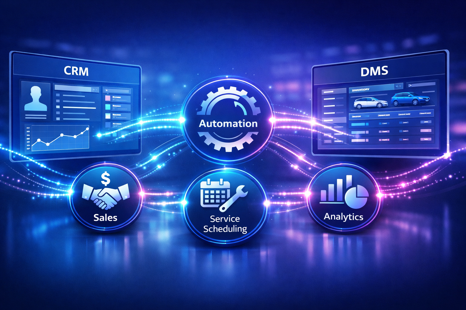 CRM and DMS integration dashboard showing automated data flow between customer management, sales tracking, and dealership service systems.
