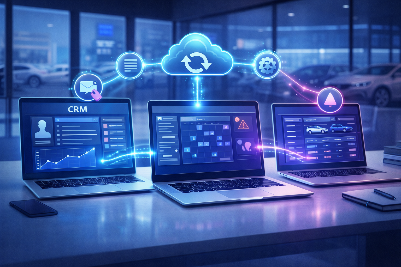 Dealership CRM automation syncing customer records, vehicle service history, and appointment scheduling with a DMS platform.
