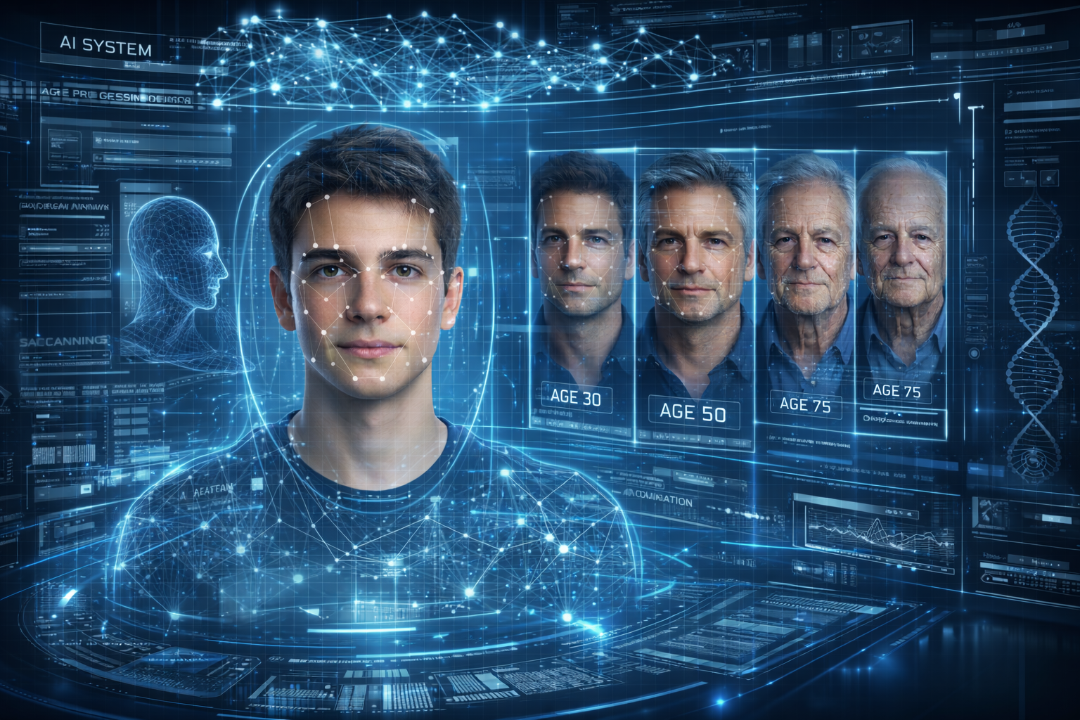 AI facial analysis system detecting landmarks to generate realistic age progression of a human face.